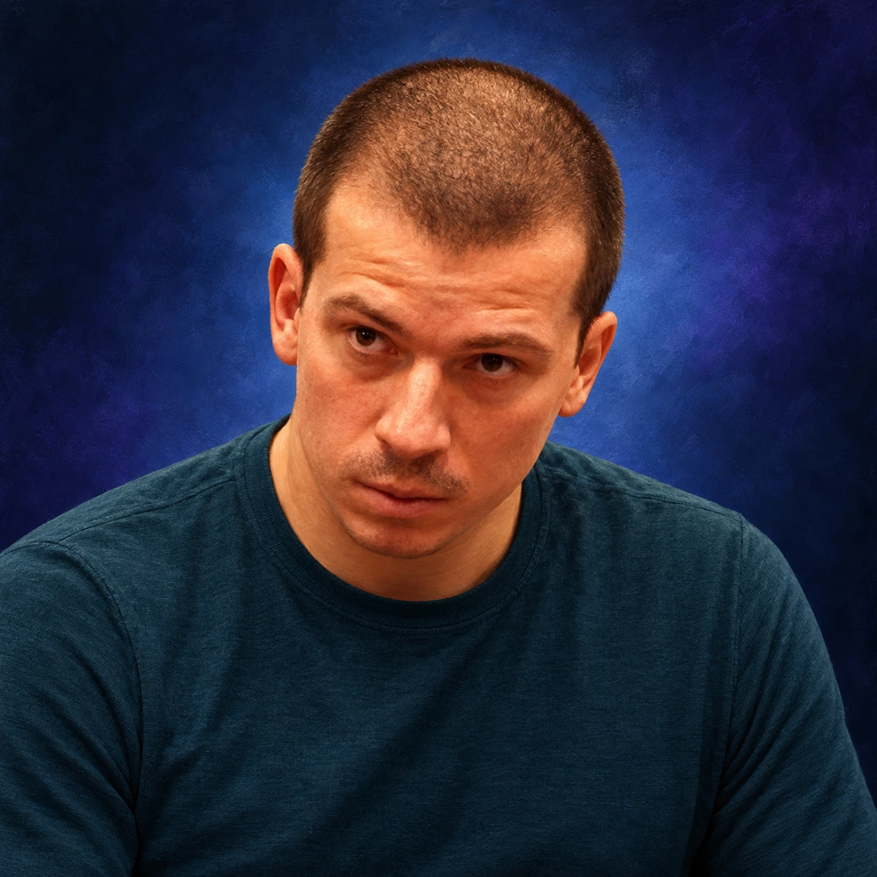 Editorial illustrated portrait of Sergei Kislinskii with close-cropped dark hair and a teal shirt against a blue and purple background.