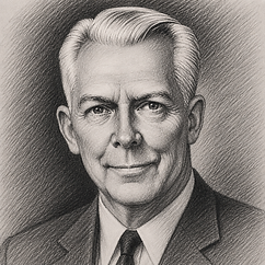 Pencil portrait illustration of Poker Hall of Fame charter member Red Winn in a suit and tie.