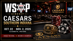 WSOP Circuit Caesars Southern Indiana hero image with poker chips, a championship ring, tournament tables, and event dates October 22–November 2, 2026.