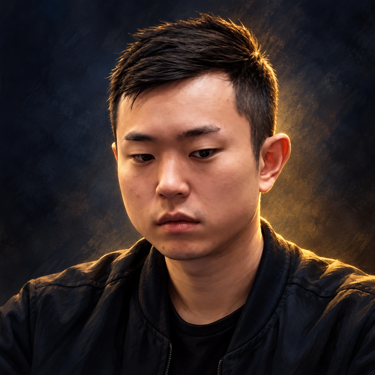 Editorial illustrated portrait of Yu Chung Chang in a dark jacket against a charcoal and gold background.