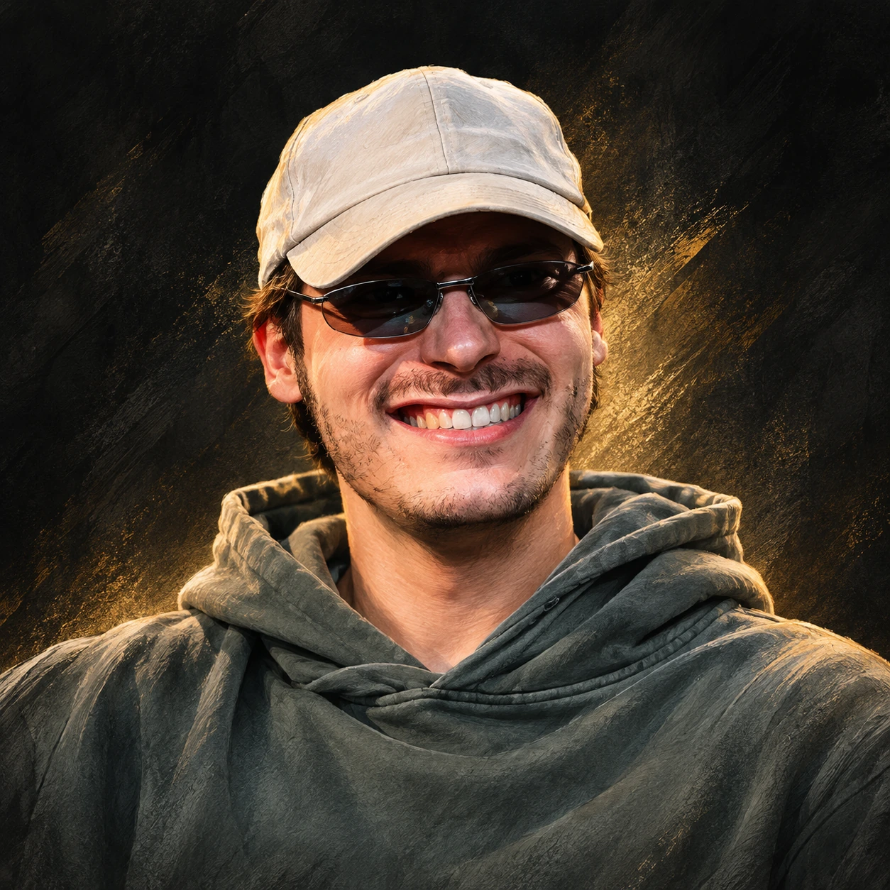 Editorial illustrated portrait of Rokas Asipauskas in a pale cap, dark sunglasses and gray-green hoodie against charcoal and gold.