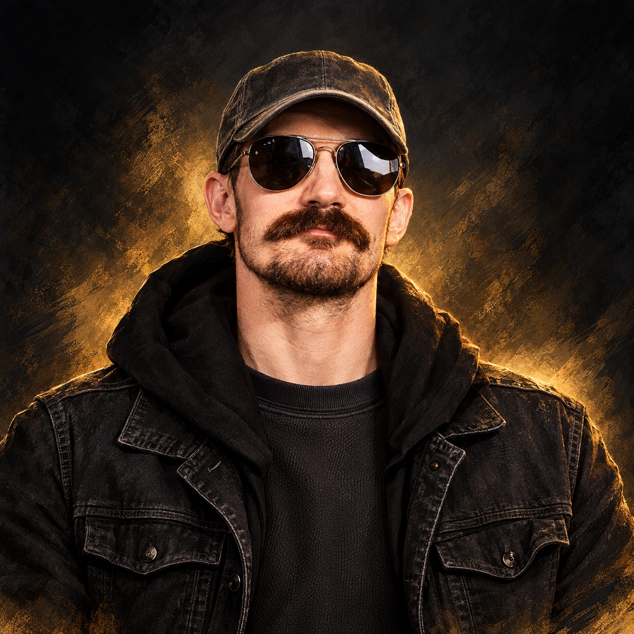 Editorial illustration of Shawn Murphy wearing aviator sunglasses, a dark cap and black jacket against a charcoal-and-gold background.