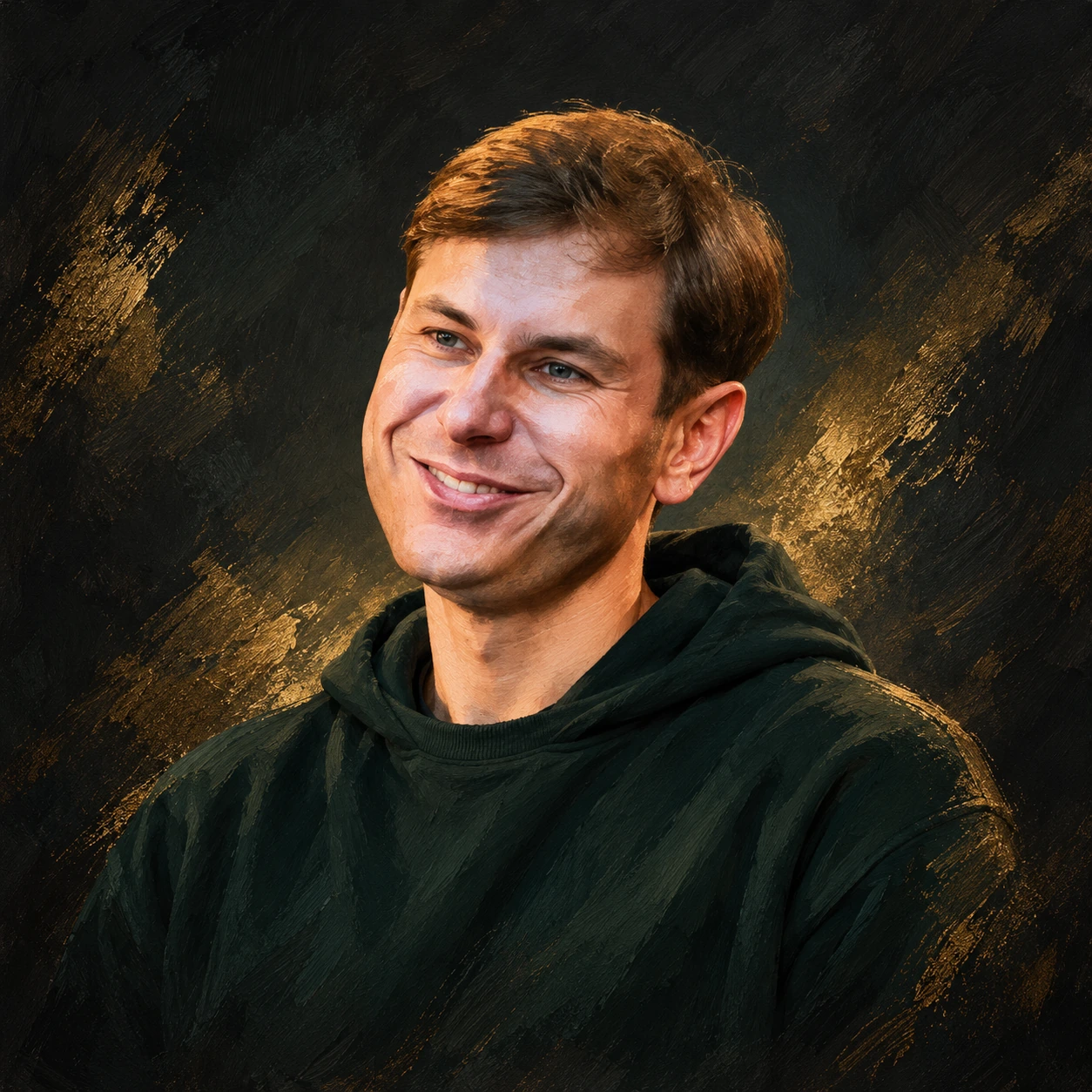 Editorial illustrated portrait of Marius Kudzmanas in a dark green hoodie against a charcoal and gold background.