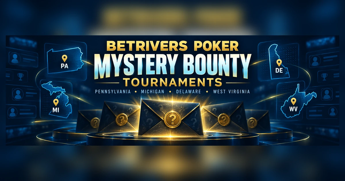 Editorial graphic for BetRivers Poker mystery bounty tournaments with Pennsylvania, Michigan, Delaware and West Virginia marked.