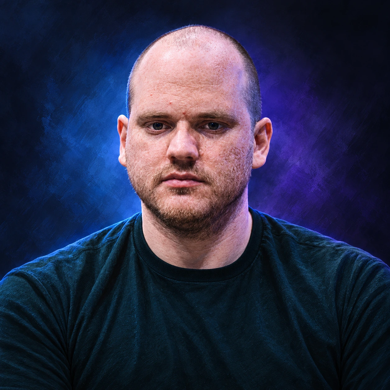 Editorial illustrated portrait of Mike Holtz with a shaved head, short beard and dark teal shirt against a blue and violet background.
