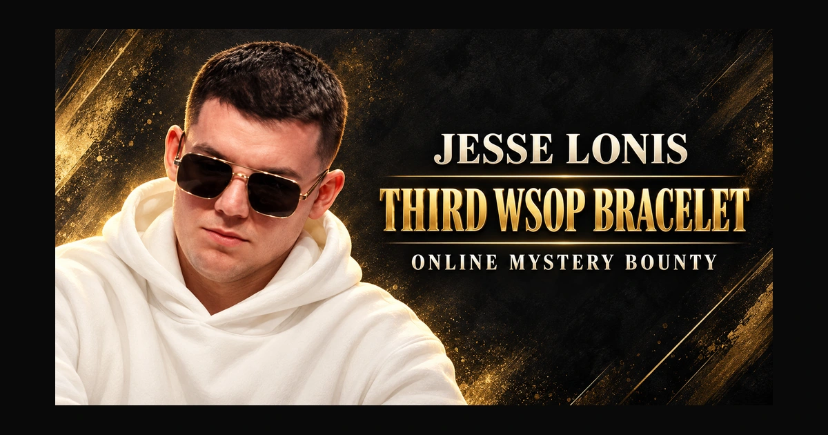 Editorial illustration of Jesse Lonis in sunglasses and a white hoodie beside Third WSOP Bracelet and Online Mystery Bounty text.