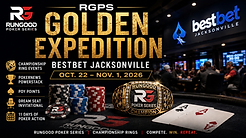 RGPS Golden Expedition hero image featuring championship-ring imagery, poker chips and tournament cards for bestbet Jacksonville, October 22–November 1, 2026.