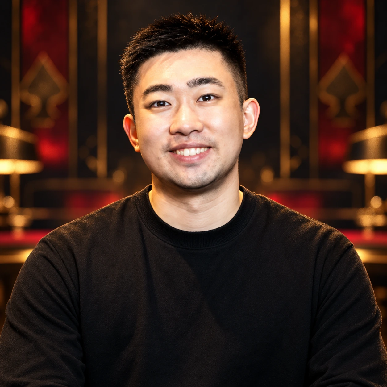 Editorial illustrated portrait of Ziao Guo against a softly lit poker-themed background.