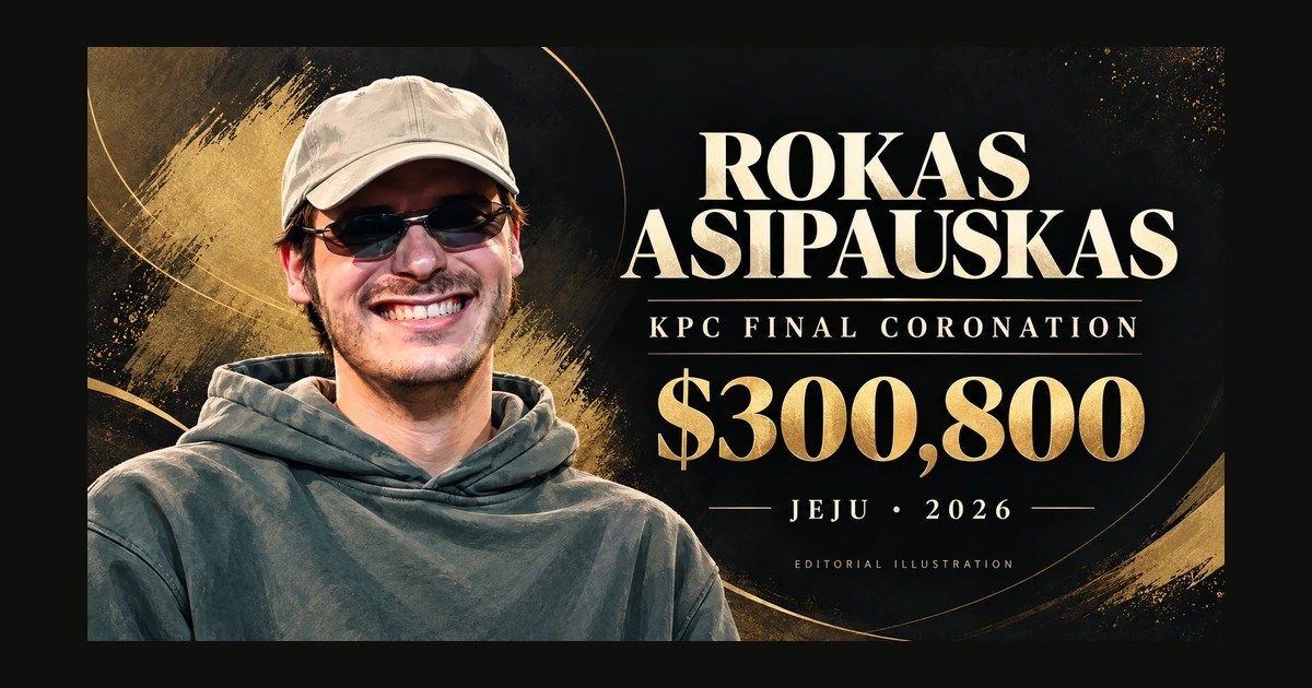 Editorial illustration of Rokas Asipauskas in a pale cap and sunglasses beside KPC Final Coronation, $300,800 and Jeju 2026 lettering.