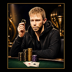 Mario Boos seated at a poker table holding a chip, with stacks of poker chips and playing cards in front of him.