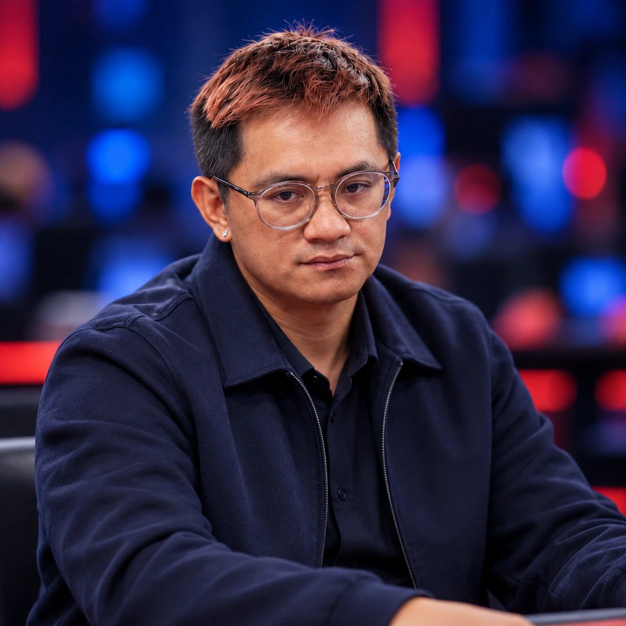 Editorial illustrated portrait of Lester Edoc wearing clear glasses and a dark navy jacket against a blue and red poker-room background.