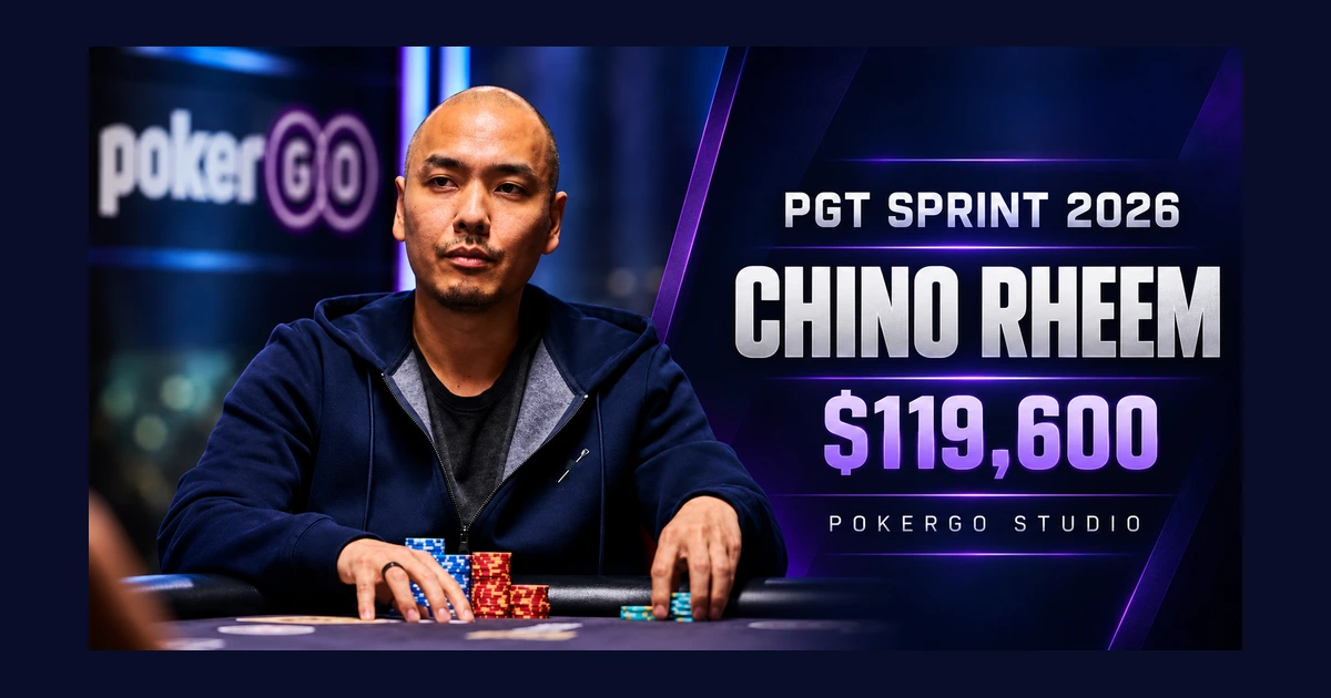 Chino Rheem at a poker table beside PGT Sprint 2026 and PokerGO Studio branding with his $119,600 first-place prize.
