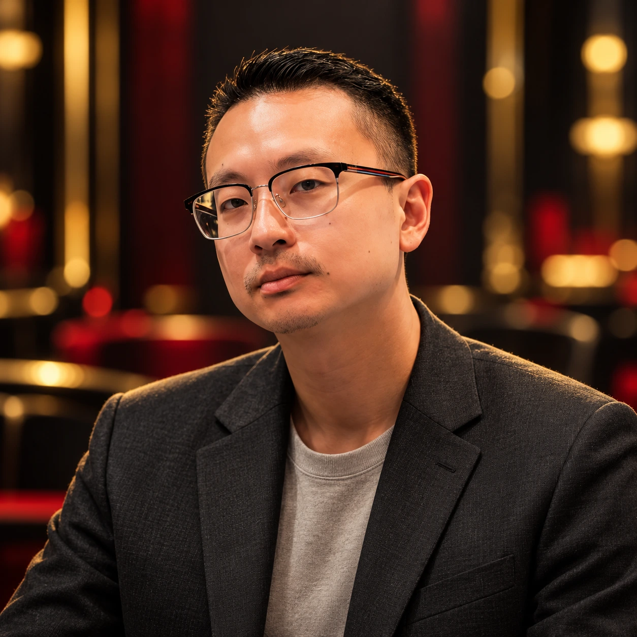 Editorial illustrated portrait of Chahn Jung wearing glasses and a dark blazer against a softly lit black, red and gold background.
