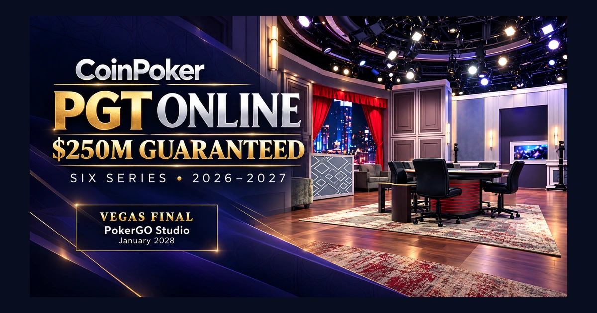 CoinPoker PGT Online naming and $250 million guarantee beside an illustrated PokerGO Studio room, with January 2028 Vegas Final details.