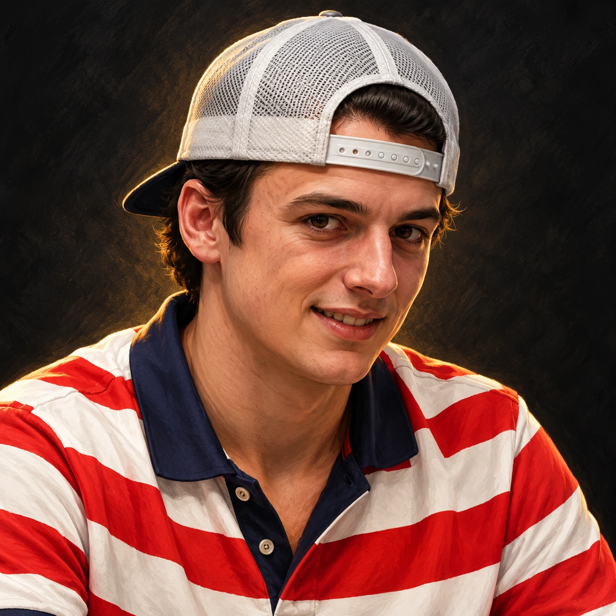 Editorial illustration of Grant Matatall wearing a backward gray cap and a red-and-white striped polo against a dark background.