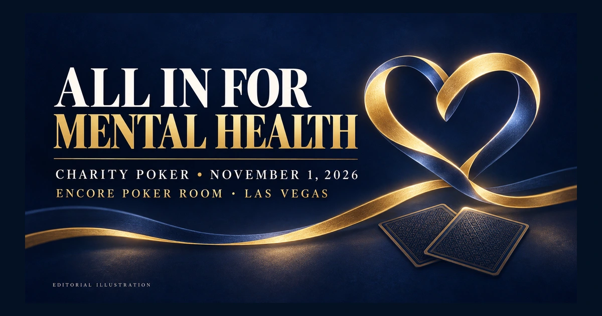 Editorial graphic for All In For Mental Health charity poker on November 1, 2026 at Encore Poker Room, with a gold-and-blue ribbon heart on navy.