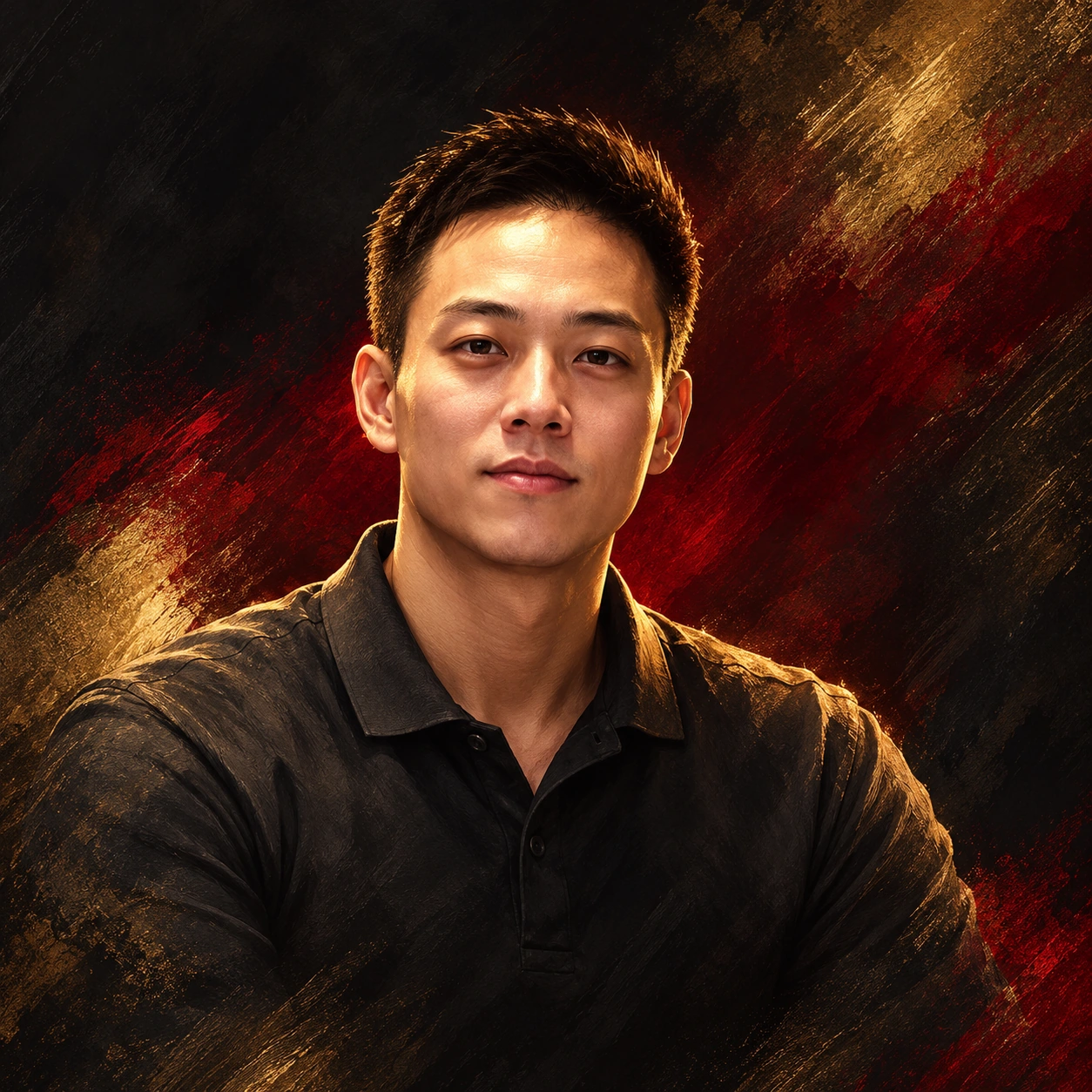 Editorial illustrated portrait of Hun Wei “Andy” Lee in a dark charcoal polo against a black, red and gold background.