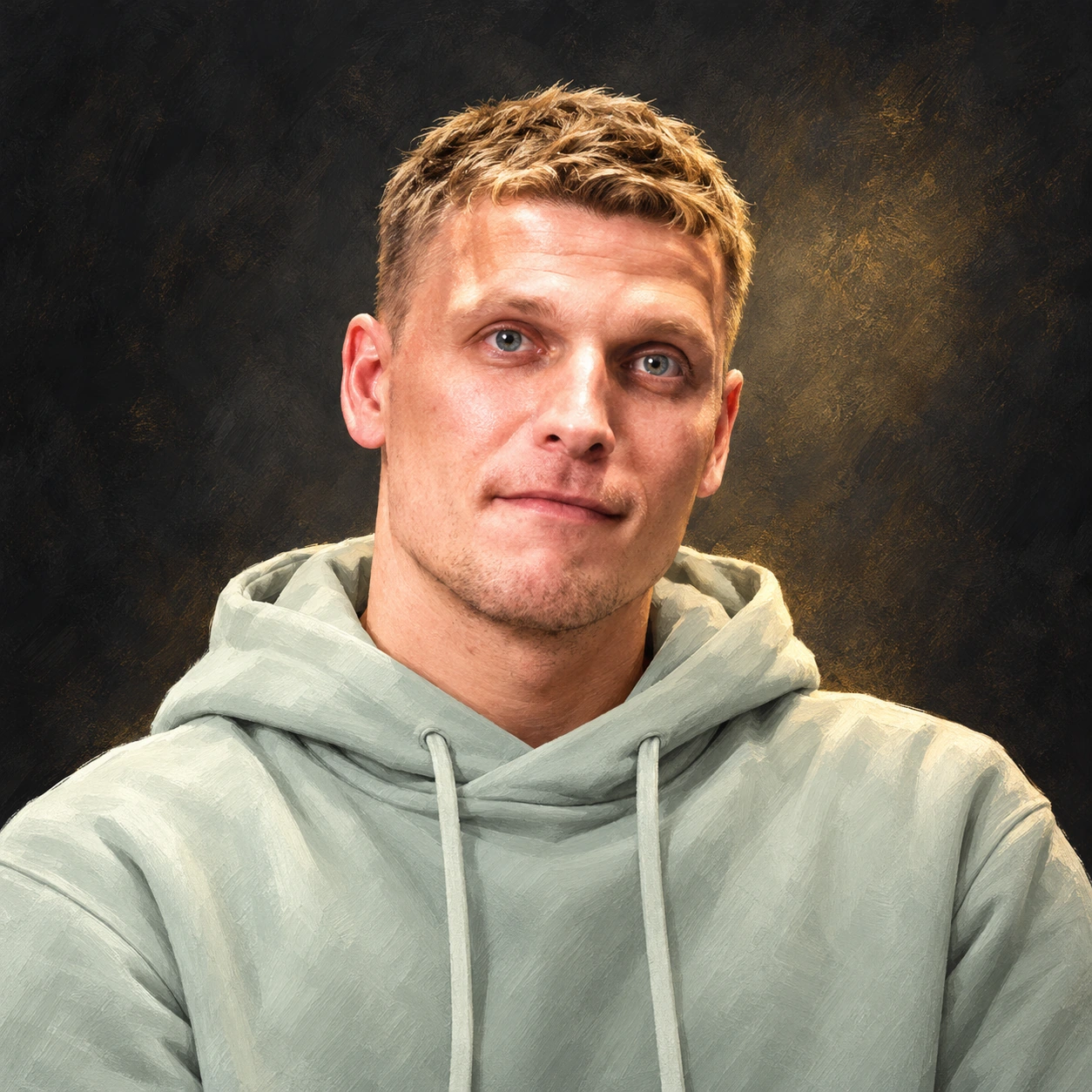 Editorial illustrated portrait of Grantas Naujokas in a pale sage hoodie against a dark charcoal and gold background.