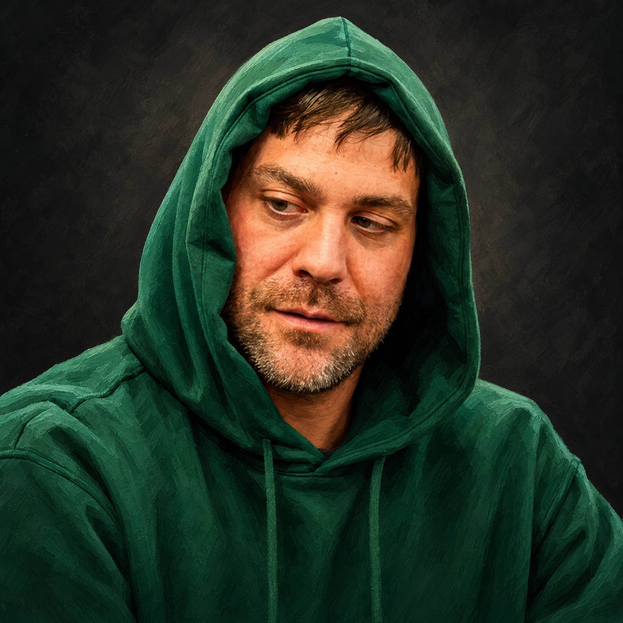 Editorial illustrated portrait of Greg Wiggins with short brown hair and salt-and-pepper stubble wearing a plain green hooded sweatshirt.