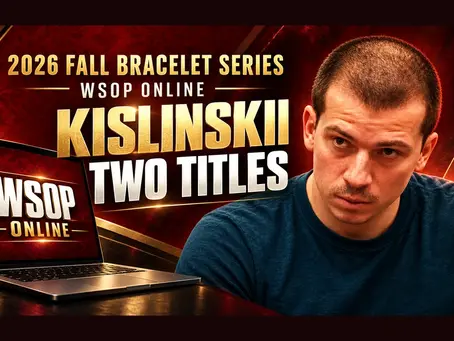 Editorial illustration of Sergei Kislinskii beside a laptop labeled WSOP Online, with 2026 Fall Bracelet Series and Two Titles lettering.