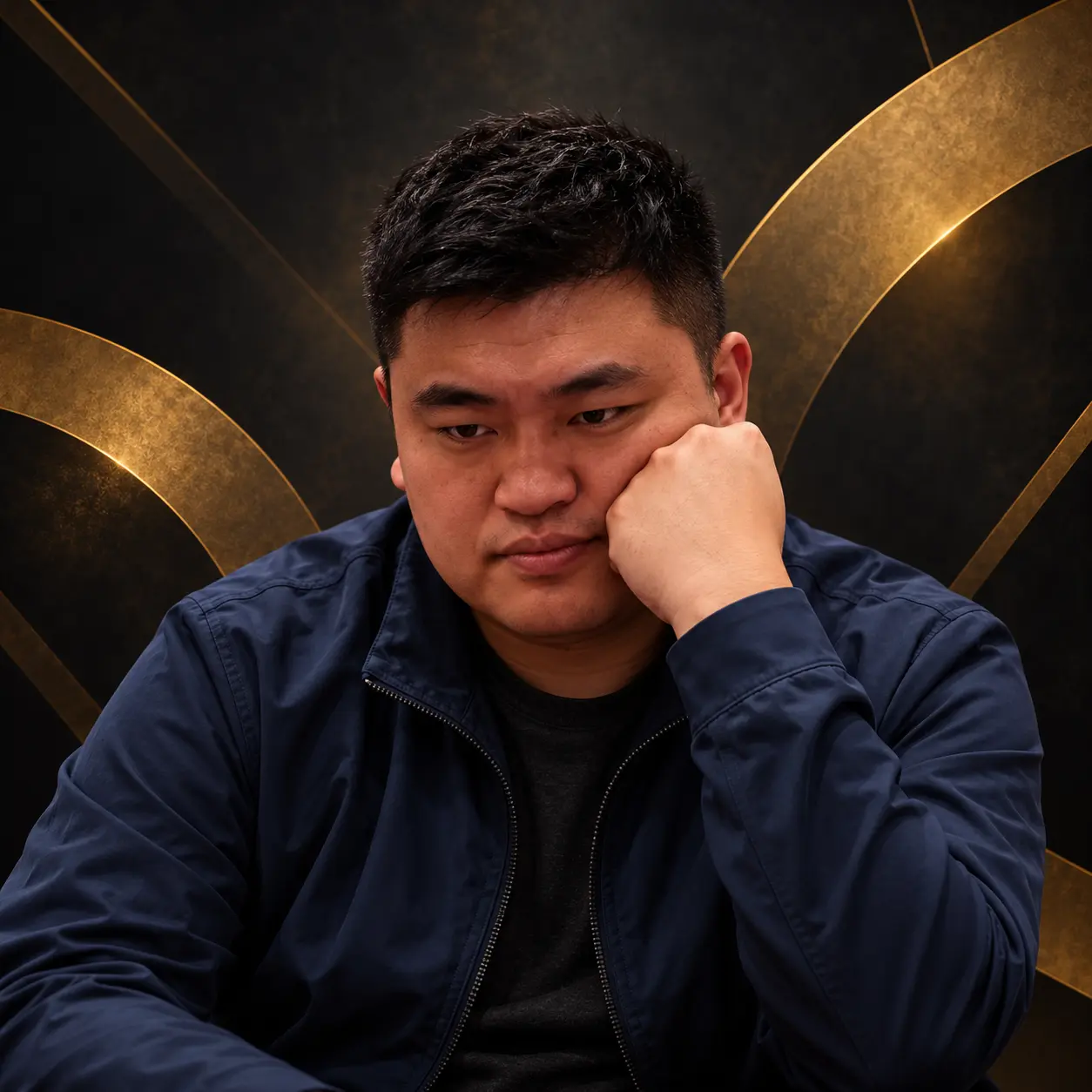 Editorial illustrated portrait of Hongjun Zhao in a navy jacket against a dark charcoal and gold background.