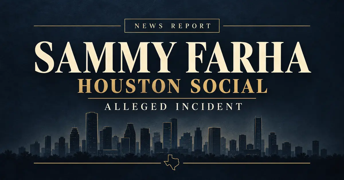Navy and gold editorial graphic reading Sammy Farha, Houston Social and Alleged Incident above a stylized Houston skyline.