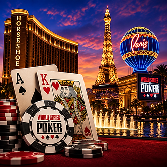 World Series of Poker Las Vegas tournament image featuring Horseshoe Las Vegas, Paris Las Vegas, WSOP branding, poker chips, and Ace-King playing cards.