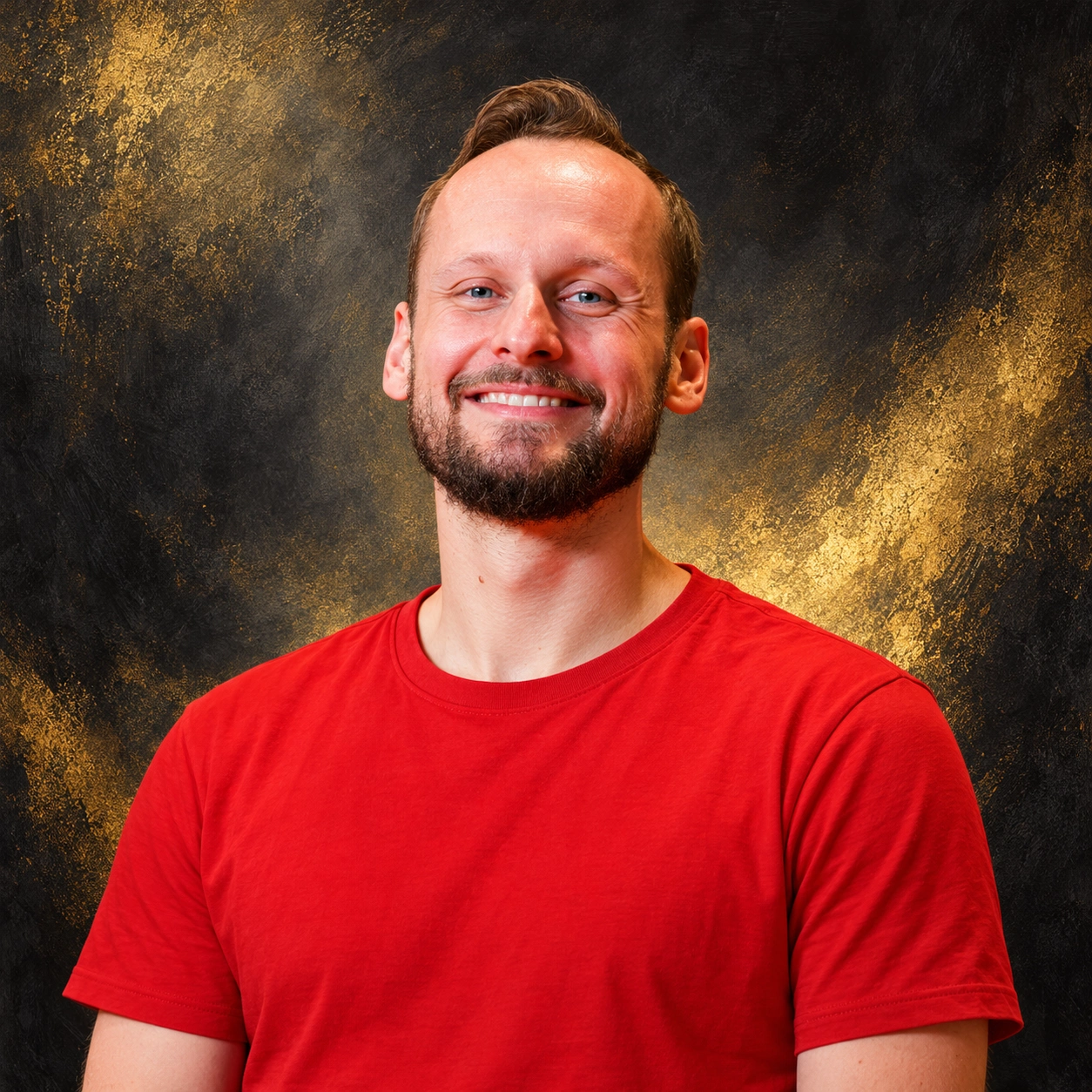 Editorial illustrated portrait of Wouter Beltz wearing a plain red shirt against charcoal and gold.