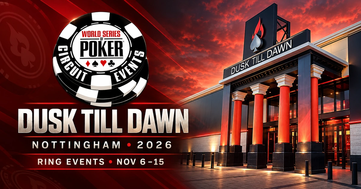 Illustrated 2026 WSOP Circuit announcement featuring the Dusk Till Dawn entrance in Nottingham.