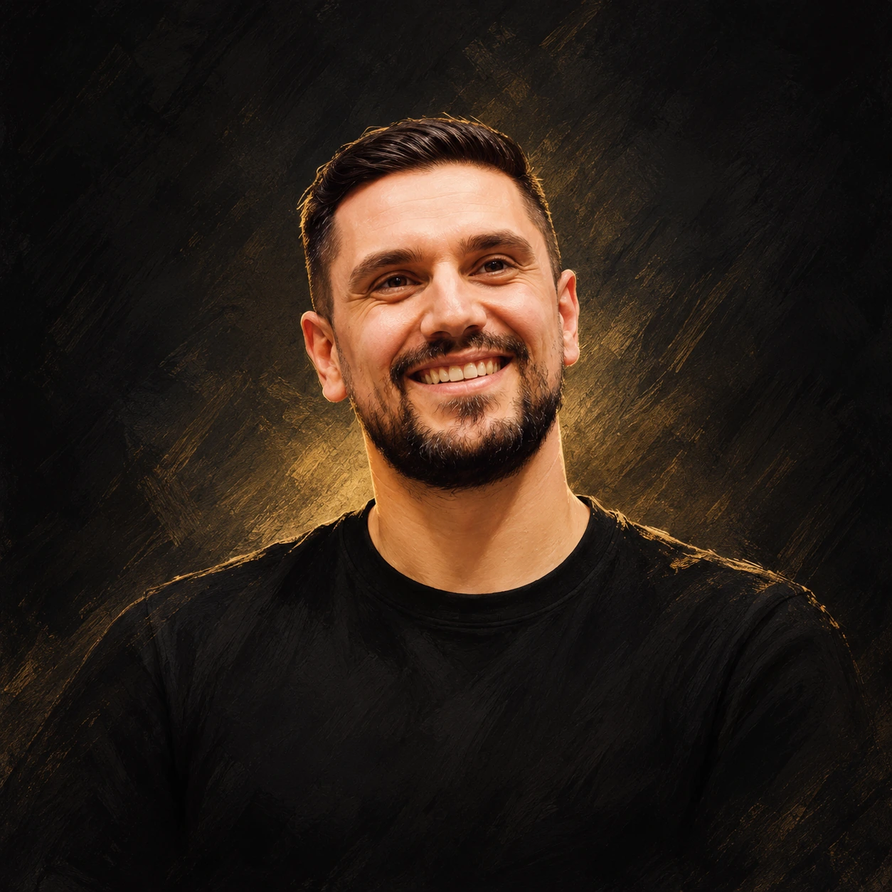 Editorial illustrated portrait of Ivelin Kolev smiling in a black crewneck shirt against a charcoal and muted gold background.