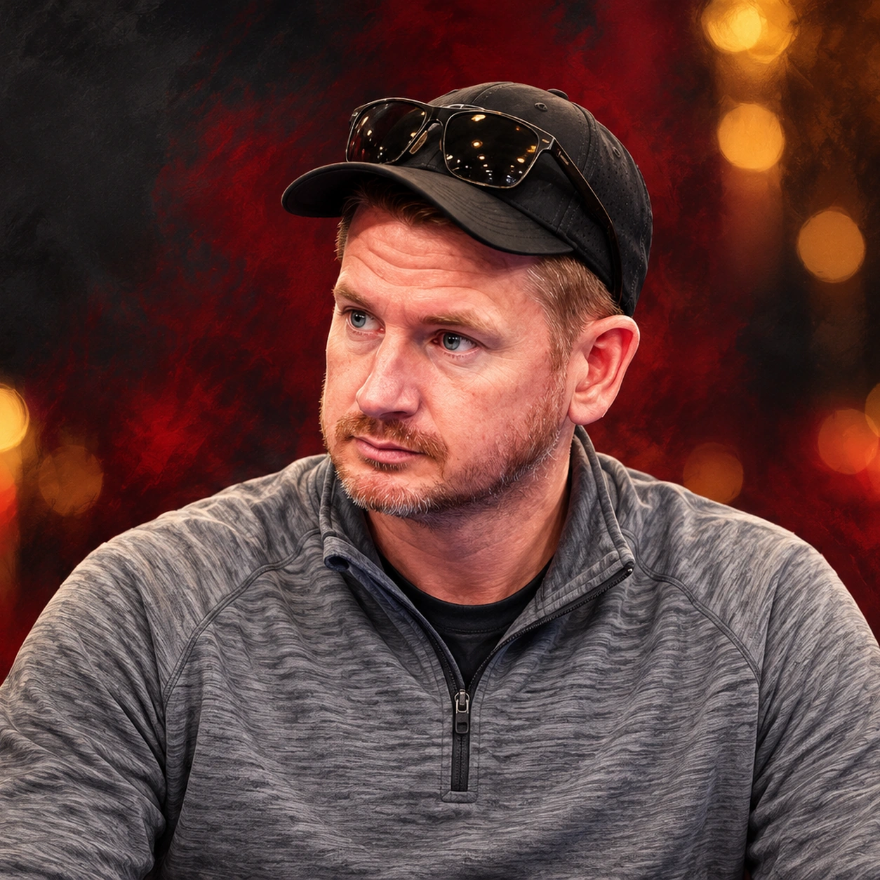 Editorial illustrated portrait of Eric Bunch in a black cap and gray quarter-zip against a charcoal, red and gold background.