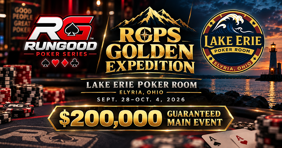 RGPS Golden Expedition and Lake Erie Poker Room branded tournament graphic for the 2026 Elyria, Ohio poker series with $200,000 guaranteed Main Event details.