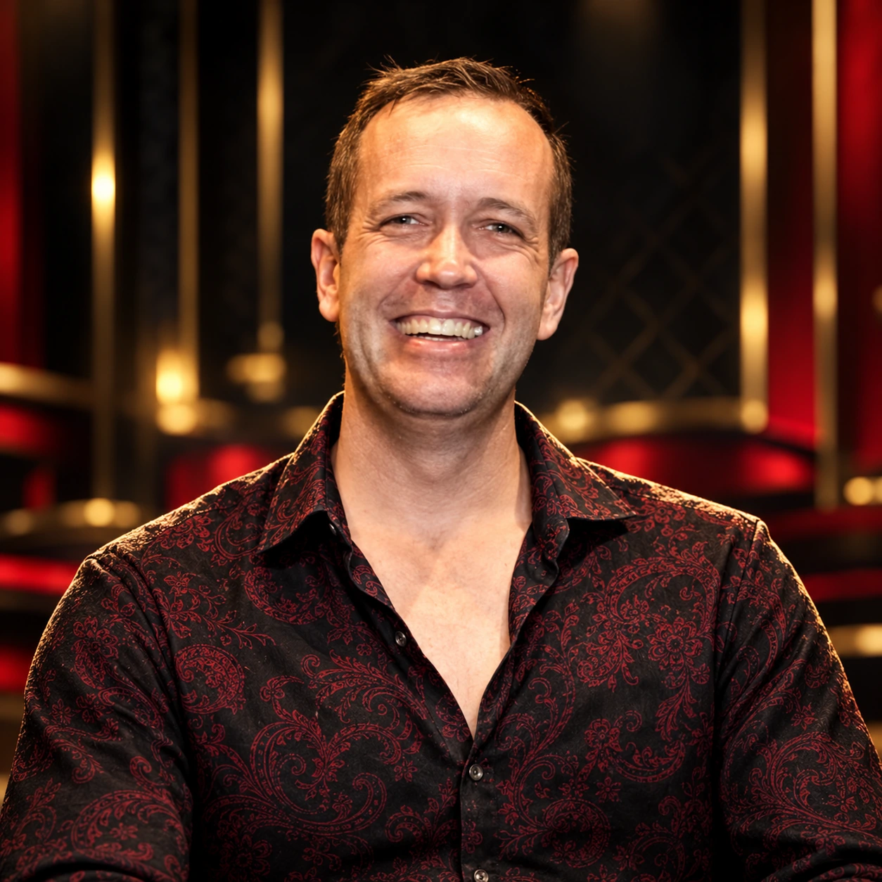 Editorial illustrated portrait of Shawn Daniels against a softly lit poker-themed background.
