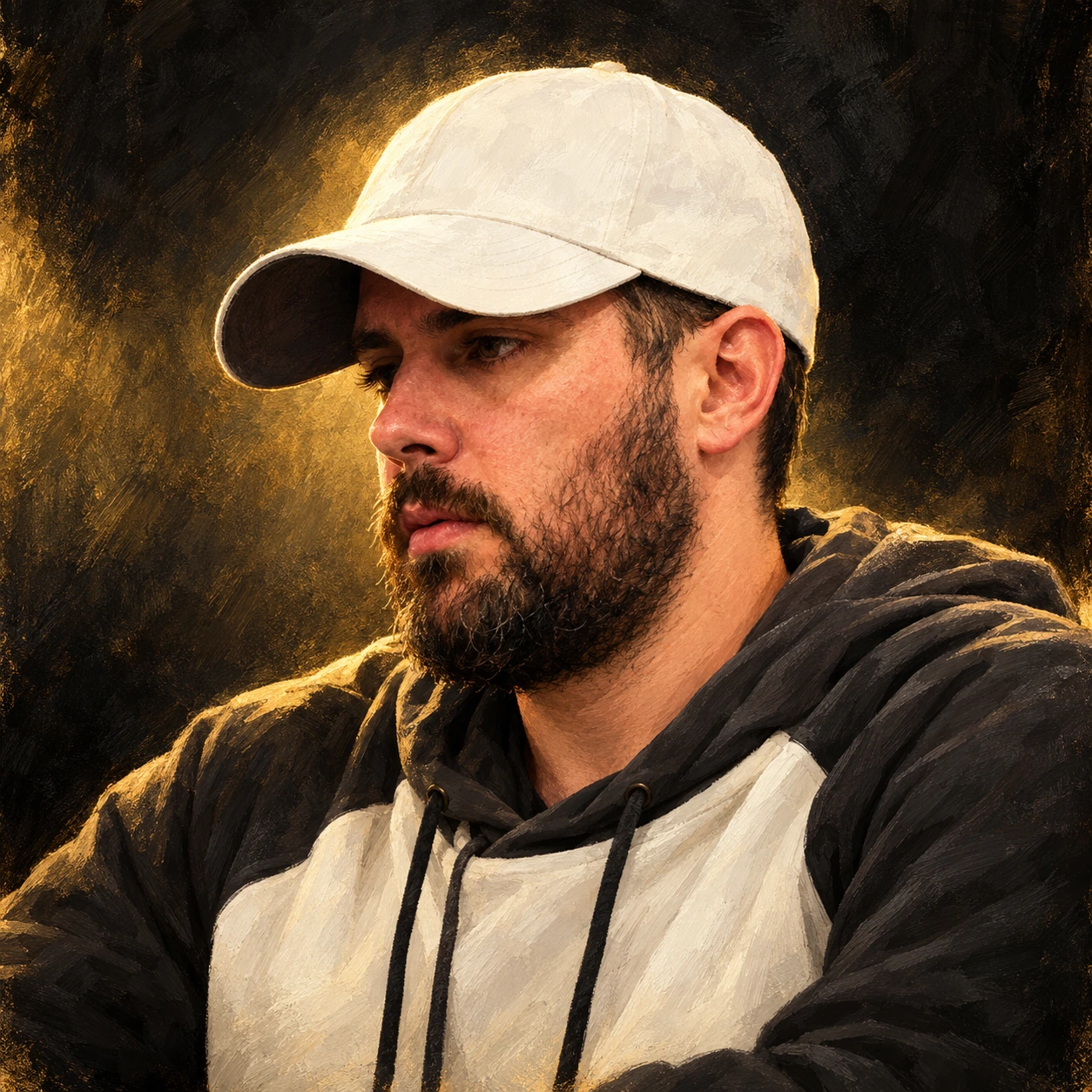 Editorial illustrated portrait of poker player Joel Cattelane with a beard and white cap.