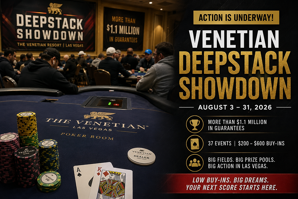 Poker chips, playing cards, and a DeepStack Showdown trophy displayed at The Venetian Resort Las Vegas during the August 2026 tournament series.