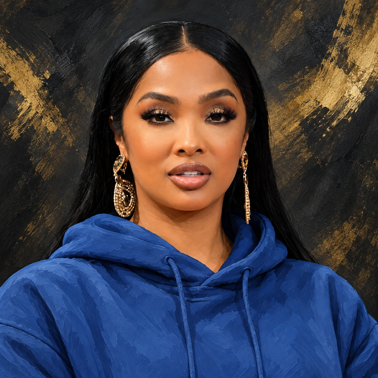 Editorial illustrated portrait of Princess Love with long black hair and gold earrings, wearing a blue hoodie against a charcoal and gold background.