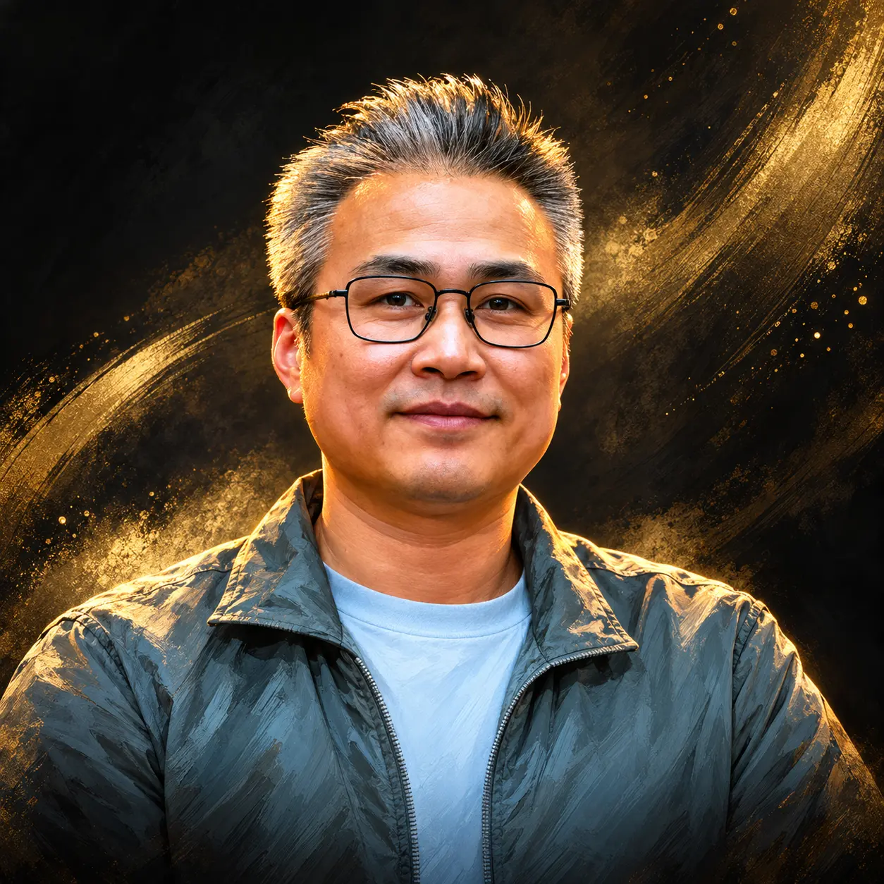 Editorial illustrated portrait of Peng Huang wearing black rectangular glasses and a light blue shirt against a charcoal and gold background.