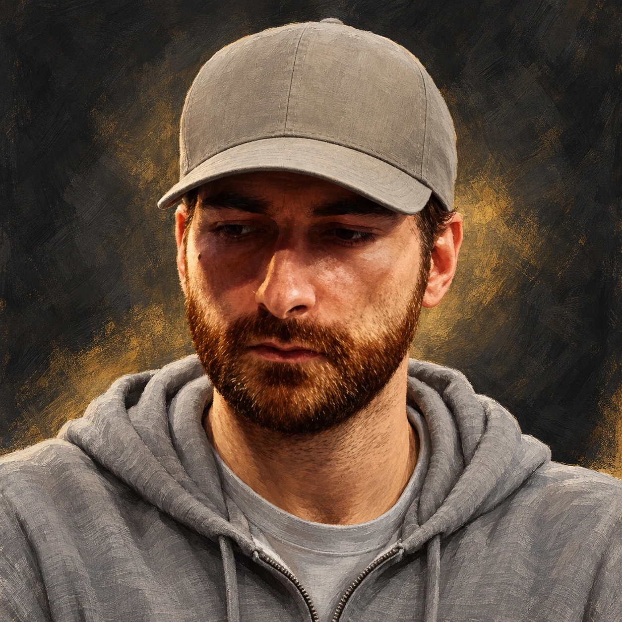 Editorial illustrated portrait of Justin Vaysman wearing a plain taupe cap and gray hoodie against a charcoal and gold background.