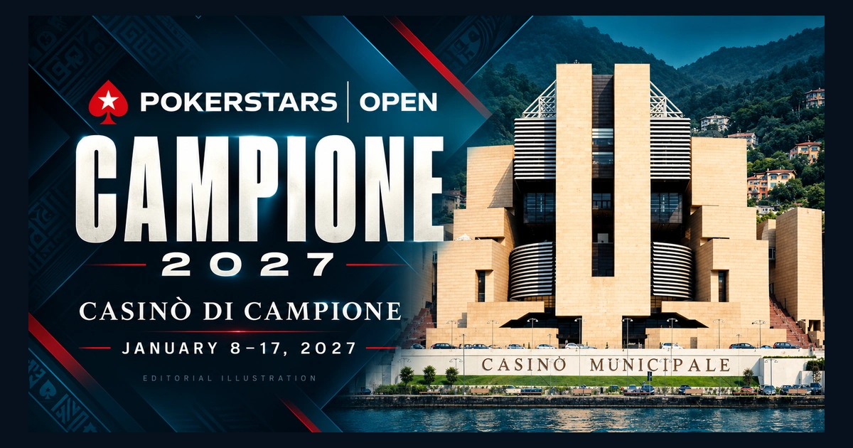 Editorial illustration of PokerStars Open Campione 2027 branding beside Casino di Campione, January 8–17, 2027.
