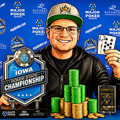 Josh Reichard holding playing cards beside the Iowa Poker State Championship trophy and stacks of poker chips.