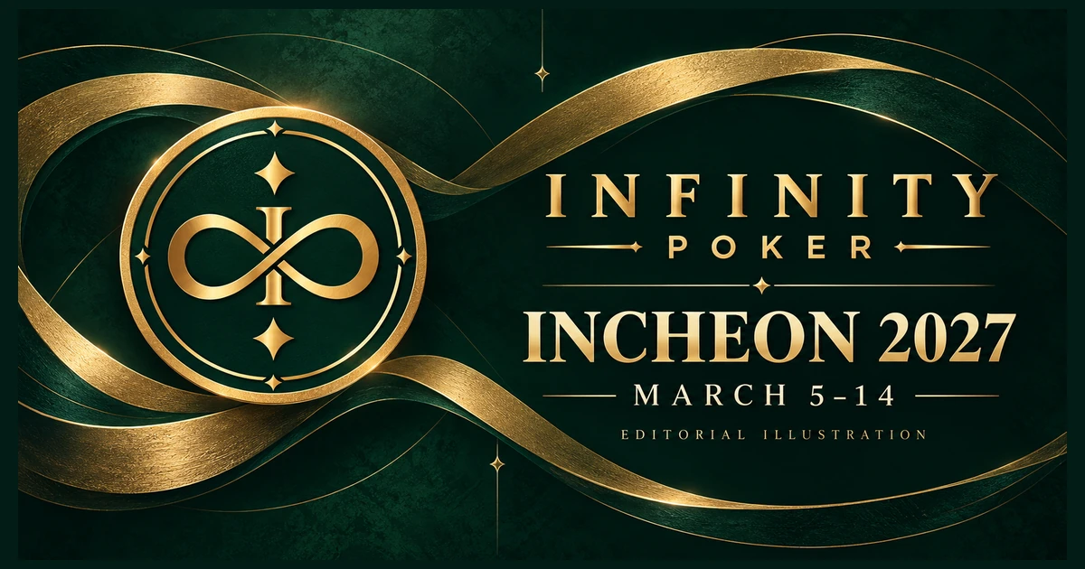 Gold Infinity Poker emblem and ribbon design on emerald, with Incheon 2027 and March 5–14 lettering, labeled editorial illustration.