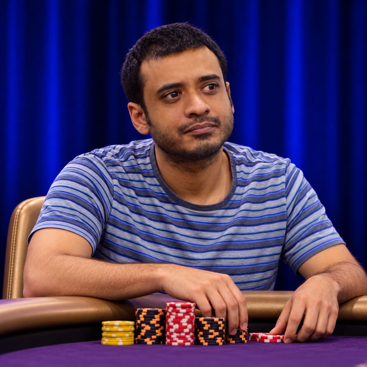 AI-generated portrait of Aditya Agarwal with short black hair and a light beard, wearing a blue-and-gray striped T-shirt at a purple poker table with chip stacks and deep blue curtains.