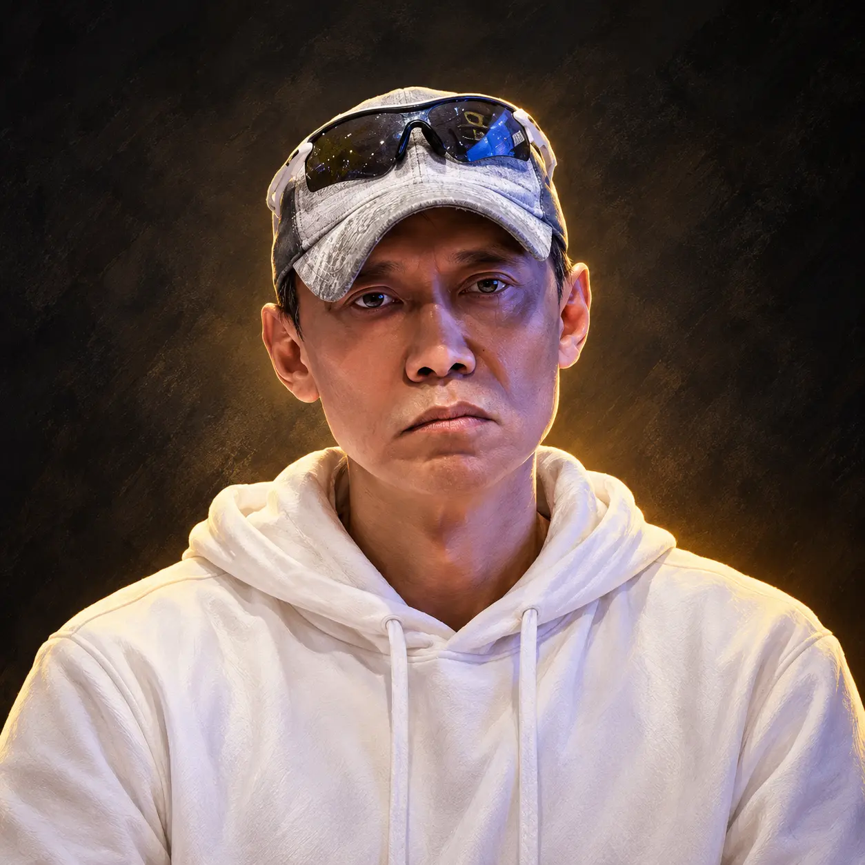 Editorial illustrated portrait of Guoliang Wei in a gray cap with sunglasses and a plain white hoodie against a charcoal and gold background.