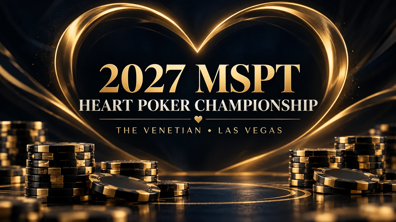 Black and gold poker chip stacks beneath a glowing gold heart motif, with text for the 2027 MSPT Heart Poker Championship at The Venetian Las Vegas.