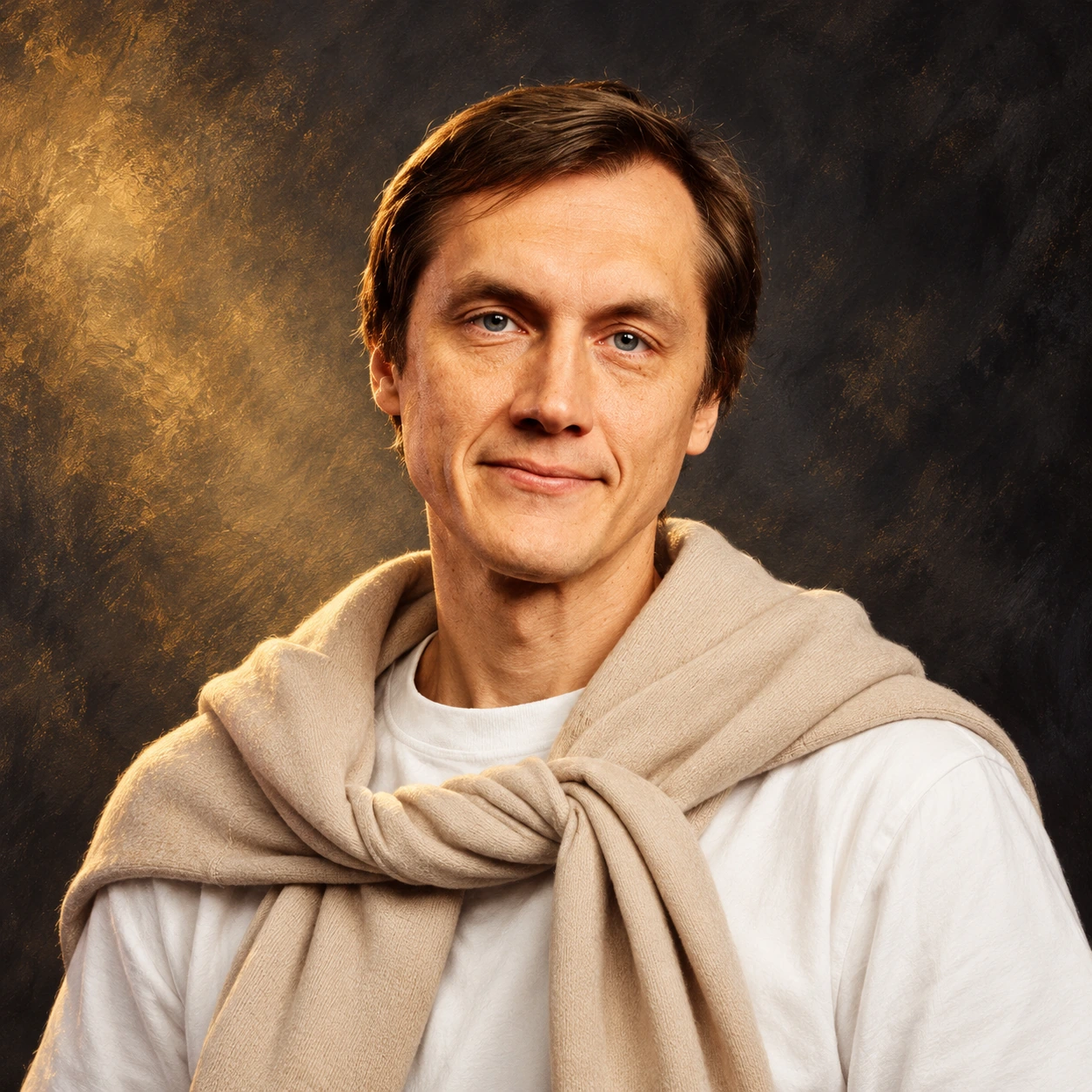 Editorial illustrated portrait of Vitalijs Zavorotnijs in a white shirt with a beige sweater over his shoulders against a charcoal and gold background.