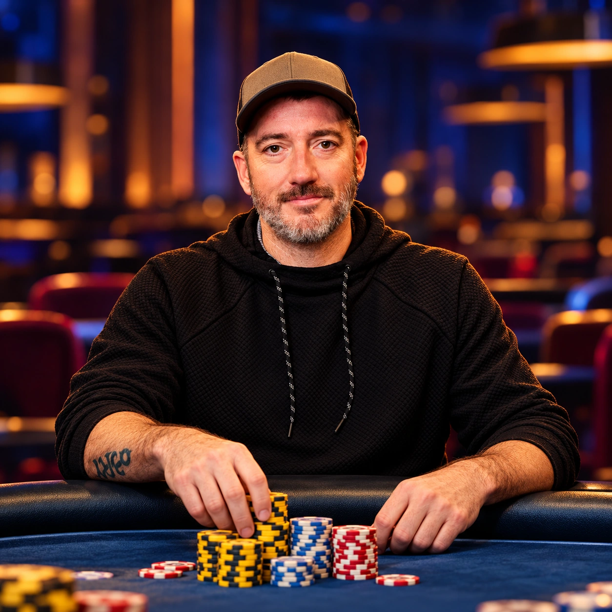 Editorial illustrated portrait of Derek Kerns in a dark cap and black hoodie at a poker table against a blue and amber poker-room background.