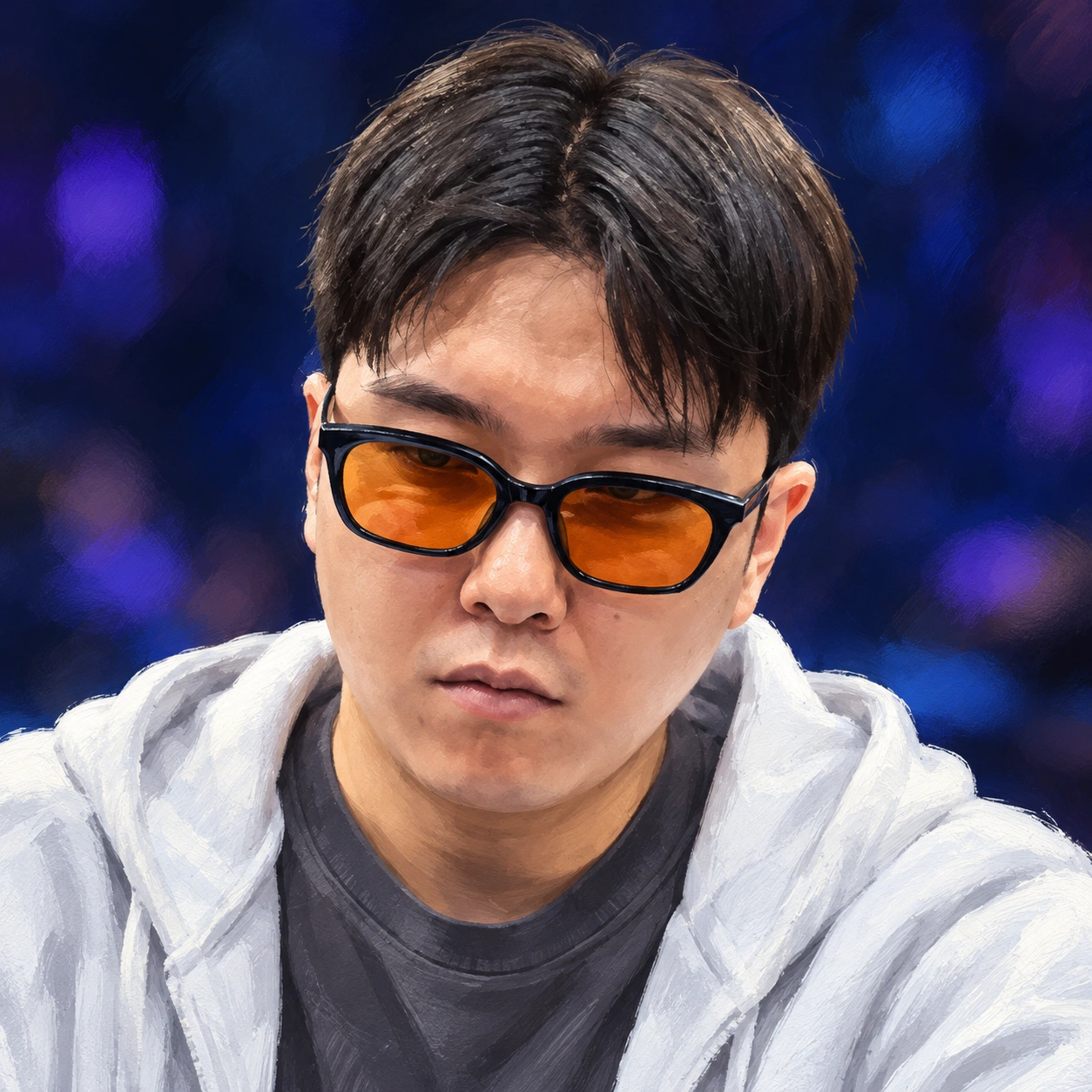 Editorial illustrated portrait of Sunho Yoo with dark hair, amber-tinted glasses and a light gray hoodie against a blue and purple background.