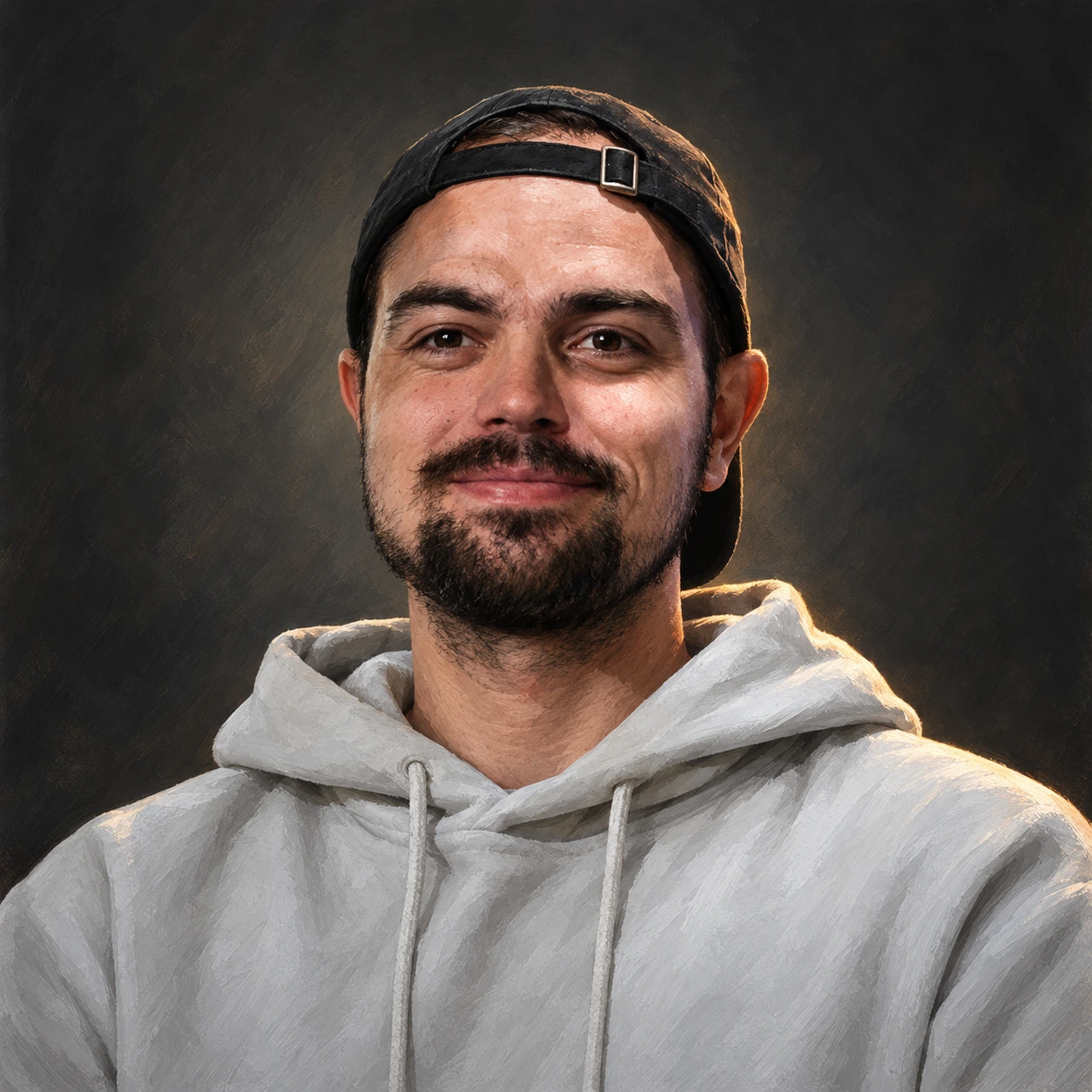 Editorial illustrated portrait of Marius Conan in a backward black cap and light gray hoodie against a dark charcoal background.