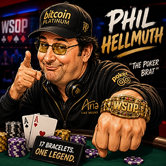 Caricature of Phil Hellmuth at a poker table holding pocket aces and displaying a WSOP bracelet, with “Phil Hellmuth,” “The Poker Brat,” and “17 Bracelets. One Legend.” in the background.