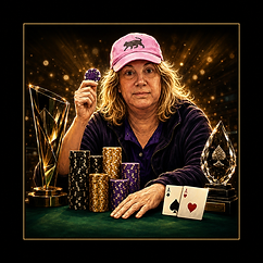 Kathy Liebert seated at a poker table with chips, trophies, and pocket aces, holding a purple poker chip.